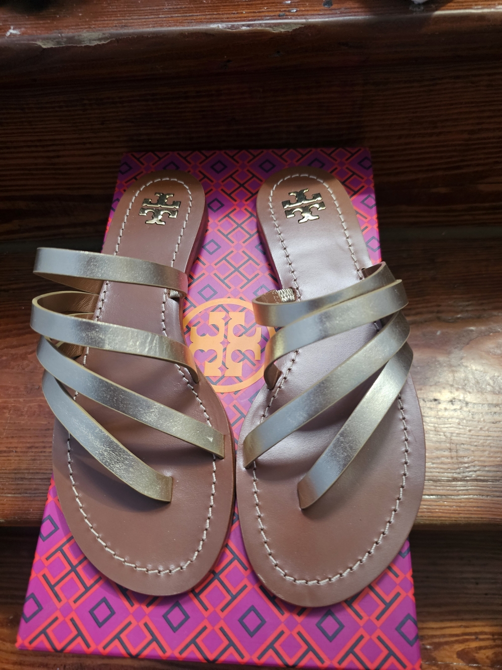 Tory Burch Brown Leather Slide Sandals with Metallic Gold Straps